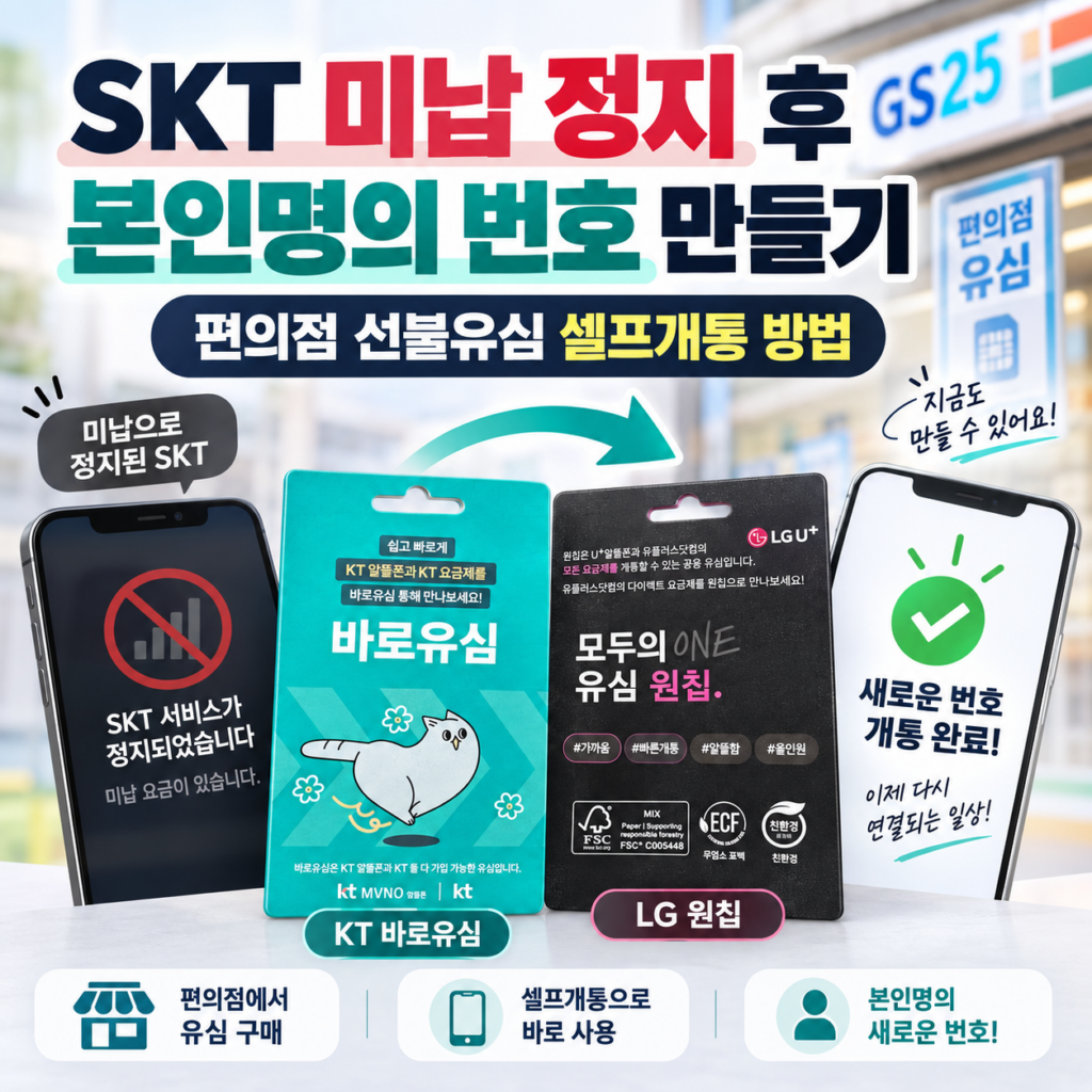 SKT 미납 정지 후 본인명의 번호 만들기｜편의점 선불유심 셀프개통 방법